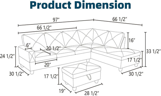 97.5" L Shaped Couch Set, Modular Sectional Couches for Living Room with Storage Ottoman, 4 Seat Home Sofa Living Room Furniture Sets with Chaise for Apartment Office (Faux Leather, Black)