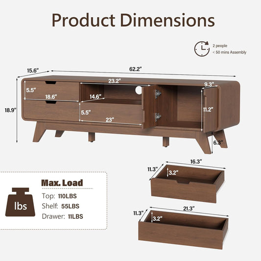BREEZEHEAT 63" TV Stand, Mid Century Modern TV Stands for TVs up to 70 inch, Entertainment Center with Storage Cabinet and 3 Drawers, Media and TV Console for Living Room, Walnut