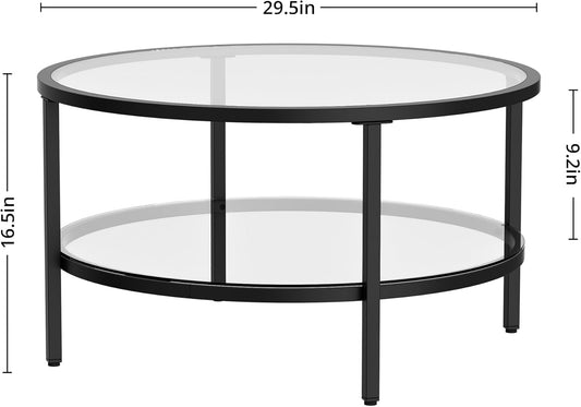 29.5" Round Glass Coffee Table, 2-Tier Modern Black Glass & Metal End Table for Living Room, Mid Century Accent Table with Lower Shelf, 29.5" D x 16.5" H