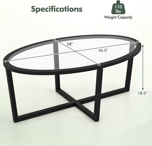 COSTWAY Glass Top Coffee Table, 47’’ Modern Oval Coffee Tea Table with Solid Acacia Wood Frame, Mid Century Center Table for Living Room, Study Room, Office, Hotel, Black