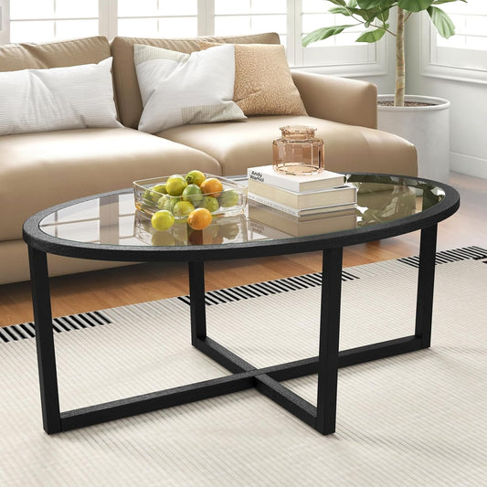 COSTWAY Glass Top Coffee Table, 47’’ Modern Oval Coffee Tea Table with Solid Acacia Wood Frame, Mid Century Center Table for Living Room, Study Room, Office, Hotel, Black