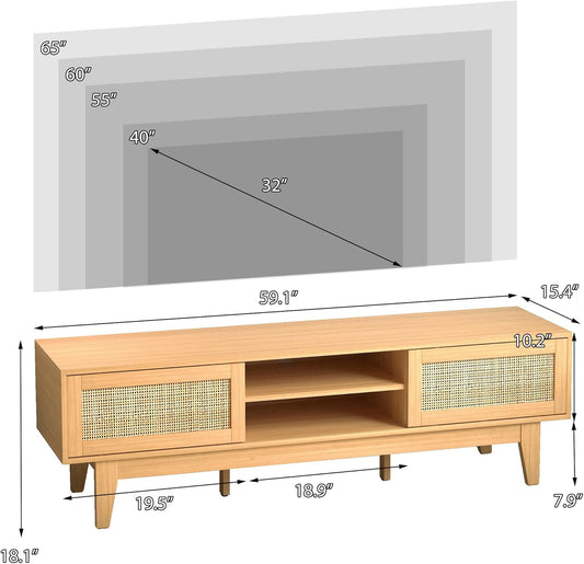 Boho TV Stand for 55 65 Inch TV, Rattan Entertainment Center with Shelves, Cabinets and Sliding Doors, TV Media Console Table with Solid Wood Feet & Cord Holes for Living Room, Bedroom, Natural