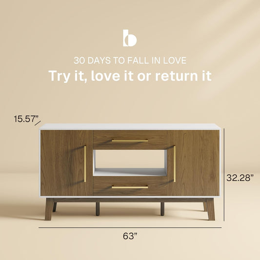 BELLEZE 63" Mid-Century Modern TV Stand for TV up to 65", Storage Media Console with Two Drawers and Cabinets, Entertainment Center for Living Room(Dark Walnut)