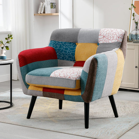 Bonzy Home Modern Oversized Accent Chair for Living Room, Colorful Boho Linen Fabric Upholstered Armchair with Wood Legs, Single Chair