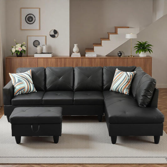 97.5" L Shaped Couch Set, Modular Sectional Couches for Living Room with Storage Ottoman, 4 Seat Home Sofa Living Room Furniture Sets with Chaise for Apartment Office (Faux Leather, Black)