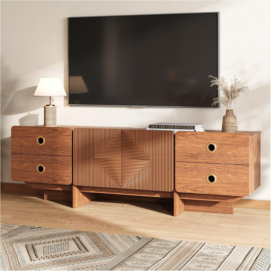 66" Fluted TV Stands for Living Room, Mid Century Modern TV Consoles for 75 inch TV, Entertainment Center with Storage, Media Console with Adjustment Shelf(Cherry)
