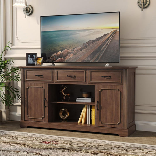 ARTPOWER TV Stand with 3 Drawers for TV up to 65'', Wood Mid Century Television Cabinet with Adjustable Shelves, Entertainment Center with Storage, Console for Living Room, Walnut